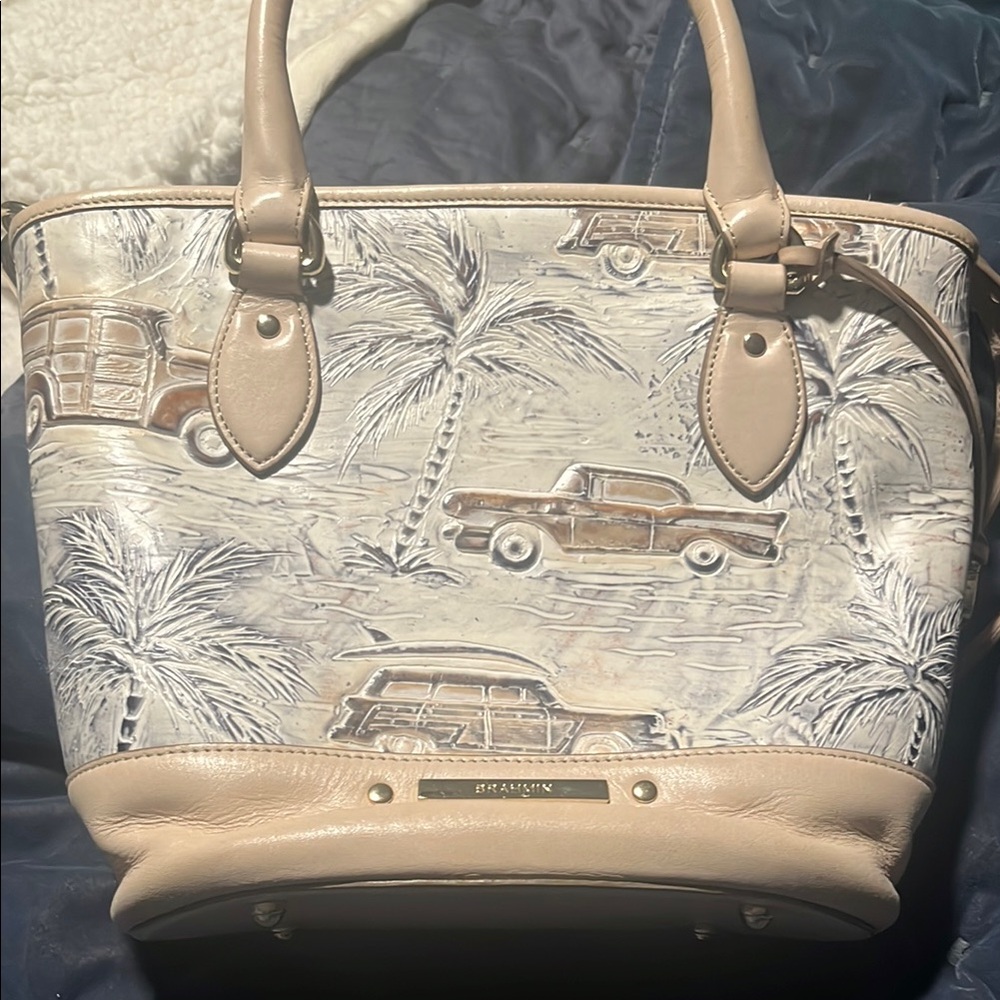 Brahmin Cream and Tan Tote with Retro Pattern
